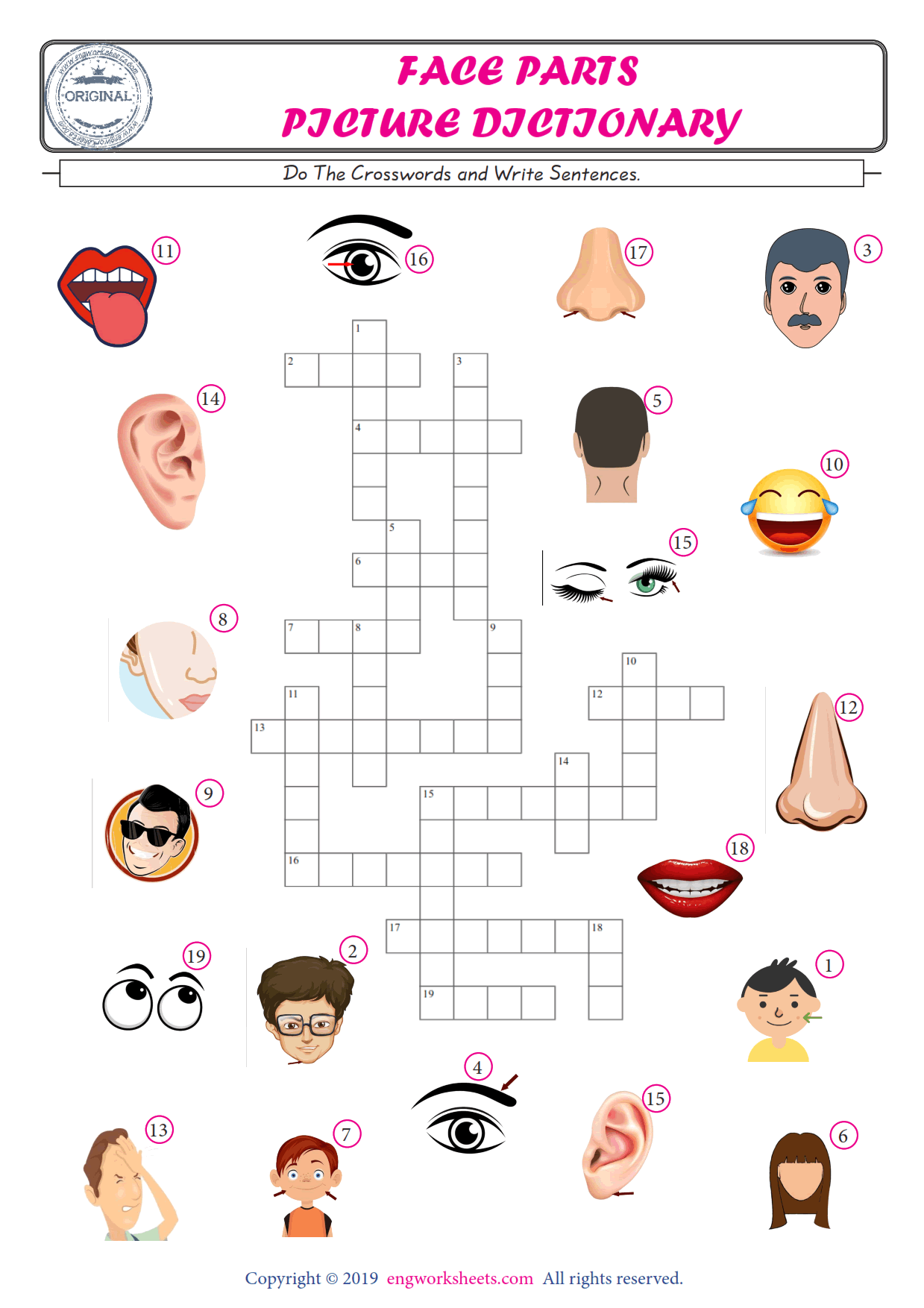  ESL printable worksheet for kids, supply the missing words of the crossword by using the Face Parts picture. 